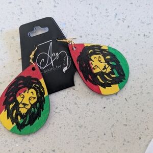 Rasta Lion Teardrop Wood Earrings - Red, Yellow, Green